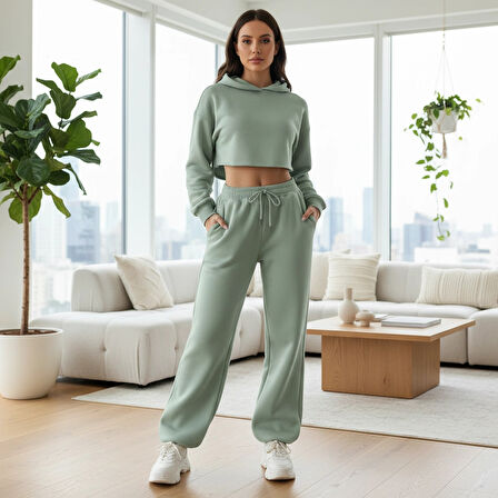 BİÇOMİ 3 iplik şardonlu Lastik paça eşofman mint p510439