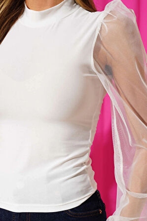 BİÇOMİ Dik yaka tül kollu bluz beyaz t3066