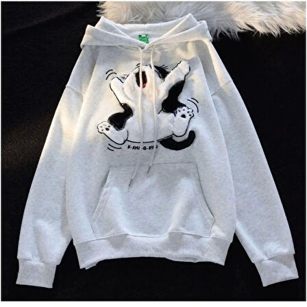 BİÇOMİ 3 iplik şardonlu oversize peluş baskılı sweat beyaz