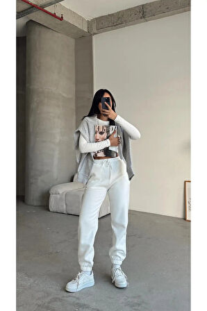 BİÇOMİ 3 iplik şardonlu paça lastikli eşofman beyaz is001