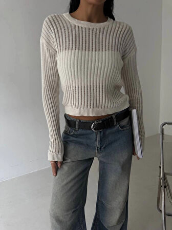 BİÇOMİ Triko transparent bluz beyaz