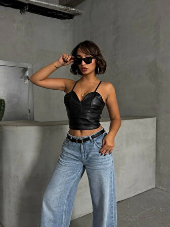 BİÇOMİ İp askılı yandan fermuarlı rastale deri crop siyah s24113