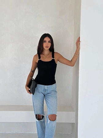 BİÇOMİ Ottoman toka askılı bluz siyah s4194