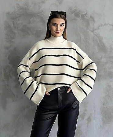 BİÇOMİ Çizgili ispanyol kol triko boğazlı kazak beyaz elf