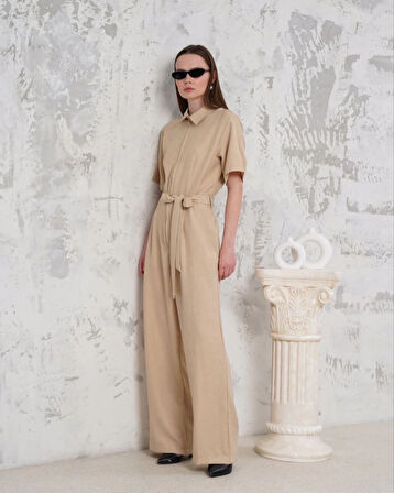 BİÇOMİ Kuşaklı gömlek yaka salaş tulum bej s255822