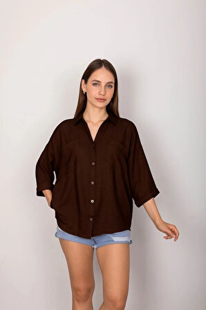 BİÇOMİ Cepli salaş gömlek koyu kahve t1010