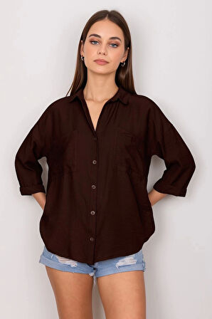BİÇOMİ Cepli salaş gömlek koyu kahve t1010