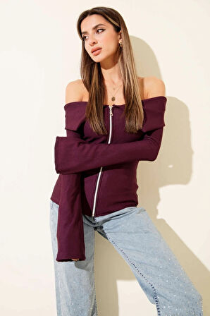 BİÇOMİ Omzu Açık Fermuarlı Bluz Mürdüm T4330