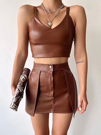 BİÇOMİ Kontrast deri etek kahve w260015