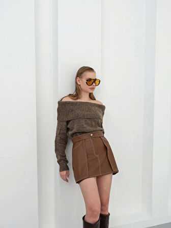 BİÇOMİ Kontrast deri etek kahve w260015