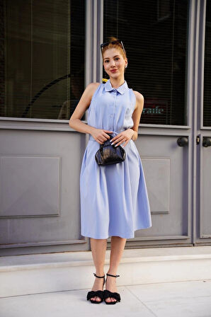 BİÇOMİ Gömlek yaka kemerli elbise mavi s255061