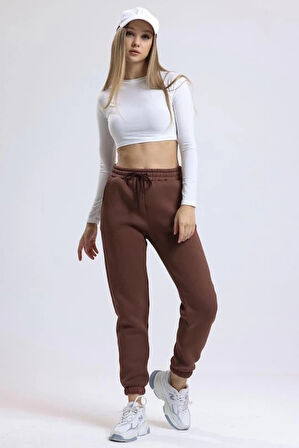 BİÇOMİ 3 iplik şardonlu paça lastikli eşofman kahve is001