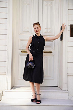 BİÇOMİ Gömlek yaka kemerli elbise siyah s255061