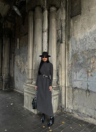 BİÇOMİ Boğazlı kalın bürümcük uzun elbise siyah