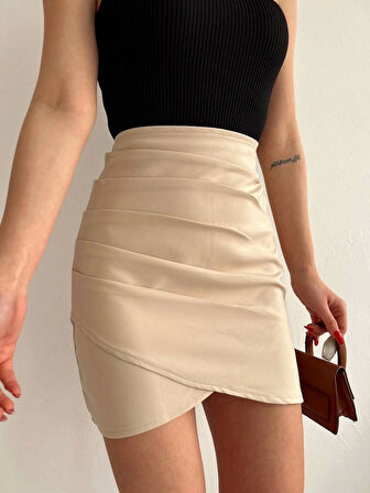 BİÇOMİ Yandan drapeli asimetrik etek bej s24771