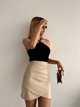 BİÇOMİ Yandan drapeli asimetrik etek bej s24771