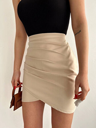 BİÇOMİ Yandan drapeli asimetrik etek bej s24771