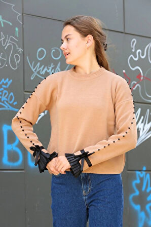 BİÇOMİ Boncuklu bile detaylı kazak vizon