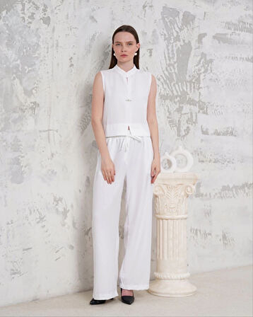 BİÇOMİ Broşlu yelek pantolon takım beyaz s255821