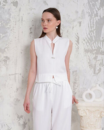 BİÇOMİ Broşlu yelek pantolon takım beyaz s255821
