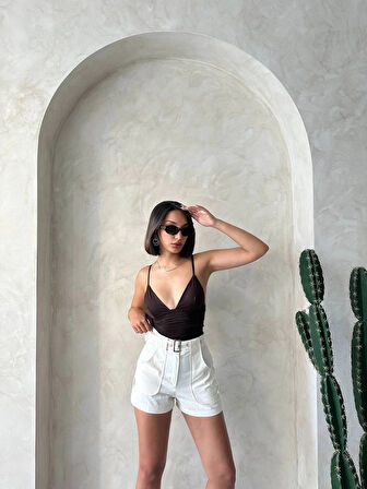 BİÇOMİ Kemer detaylı gabardin şort krem s25289