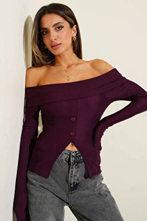 BİÇOMİ Madonna Yaka Düğmeli Bluz Mürdüm t4329