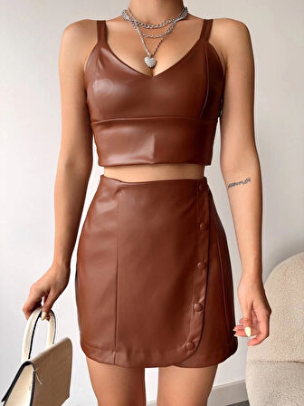 BİÇOMİ Beş düğmeli oval deri etek kahve h240068