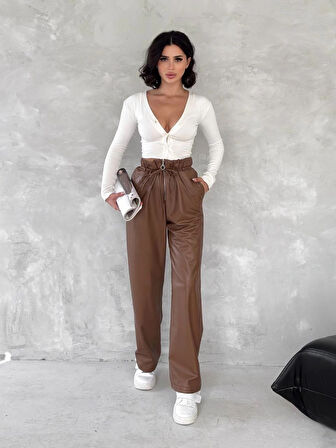 BİÇOMİ Kendinden ince kemerli deri pantolon kahve t1178