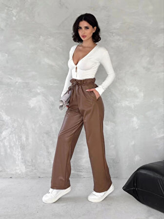 BİÇOMİ Kendinden ince kemerli deri pantolon kahve t1178