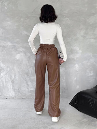 BİÇOMİ Kendinden ince kemerli deri pantolon kahve t1178