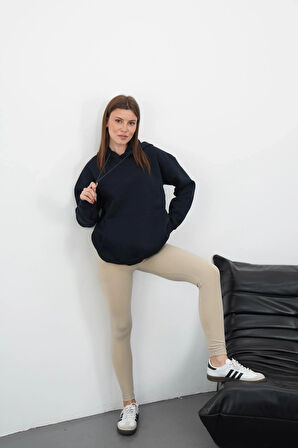 BİÇOMİ 3 iplik şardonlu kapşonlu swetshirt lacivert md63