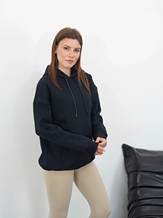 BİÇOMİ 3 iplik şardonlu kapşonlu swetshirt lacivert md63