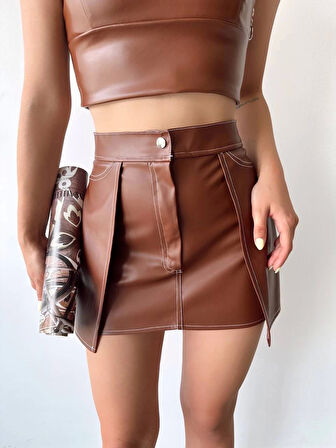 BİÇOMİ Kontrast deri etek kahve w260015