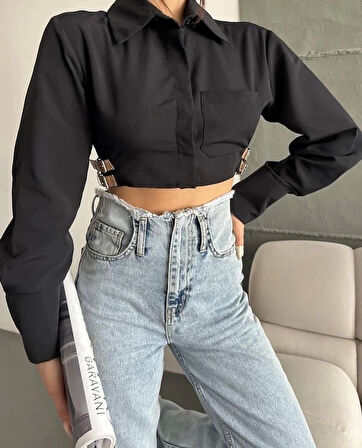 BİÇOMİ Yanı kemer detaylı crop gömlek siyah s4009