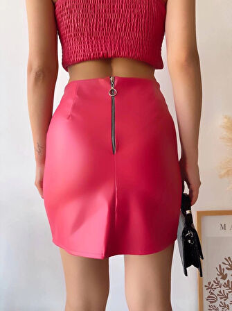 BİÇOMİ Tek yırtmaçlı arkadan fermuarlı deri etek fuşya s24475
