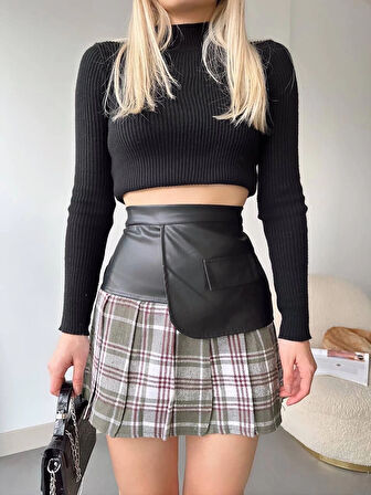 BİÇOMİ Deri garnili cepli ekose etek siyah s24604