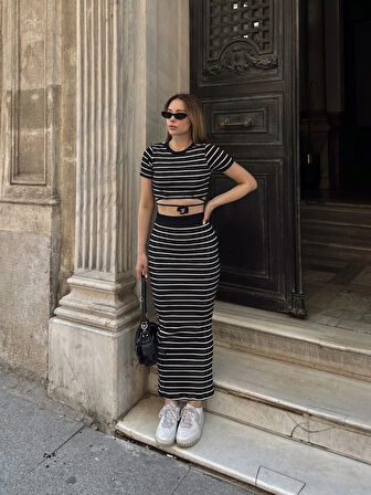 BİÇOMİ Çizgili etekli takım siyah s3609