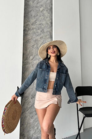 BİÇOMİ Çift cepli kol katlamalı kar yıkama crop kot ceket kahve tint d2000