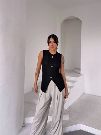 BİÇOMİ Kadın siyah bisiklet yaka gold düğmeli ottoman bluz s2310