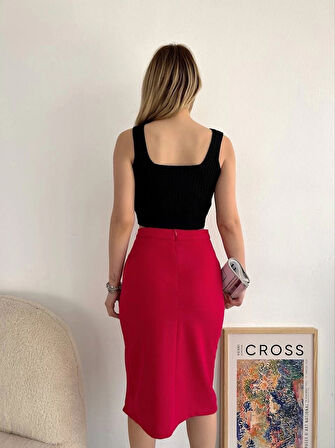 BİÇOMİ Yırtmaçlı esnek kumaş midi boy etek koyu kırmızı