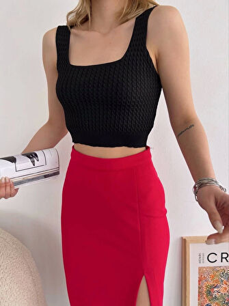 BİÇOMİ Yırtmaçlı esnek kumaş midi boy etek koyu kırmızı