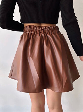 BİÇOMİ Beli lastikli deri etek kahve s24599