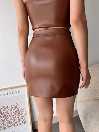 BİÇOMİ Dantelli fermuarlı deri etek kahve w24598