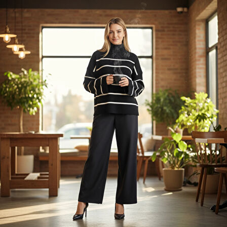 BİÇOMİ Çizgili ispanyol kol triko boğazlı kazak siyah elf