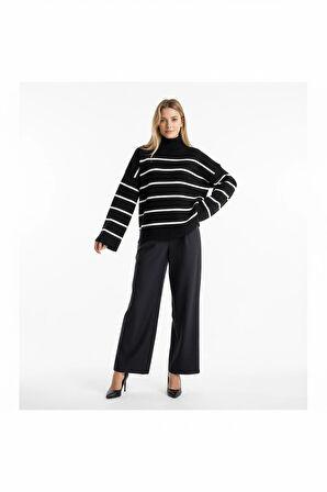 BİÇOMİ Çizgili ispanyol kol triko boğazlı kazak siyah elf