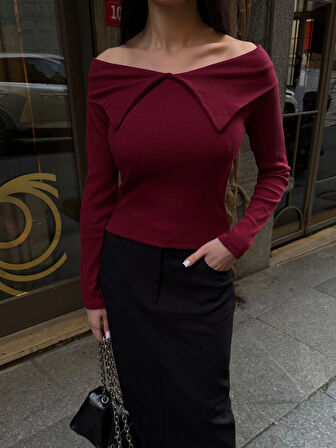 BİÇOMİ Kelebek yaka uzun kol bluz bordo