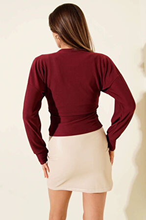 BİÇOMİ Fitilli Bisiklet Yaka İkili Bluz bordo T4341