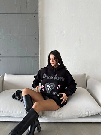 BİÇOMİ 3 iplik şardonlu oversize true baskılı sweat siyah