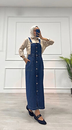 BİÇOMİ Etekli salopet enzim süper taş yıkama koyu mavi d2521