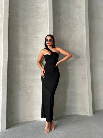 BİÇOMİ Krinkıl tek omuz uzun elbise siyah s25455